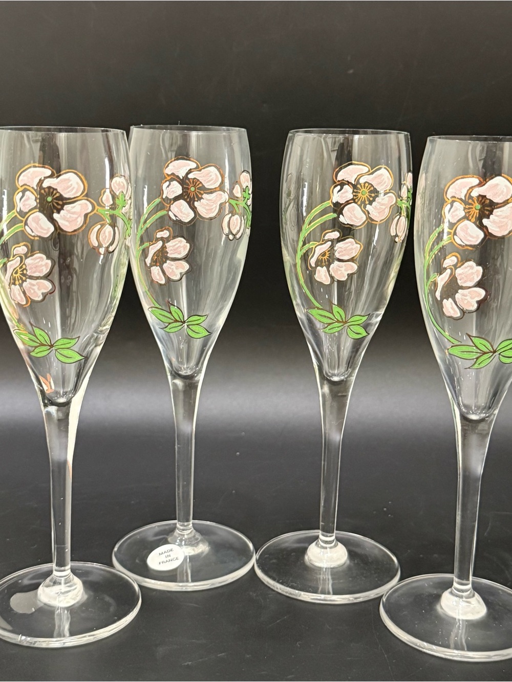 Vintage Perrier Jouet Belle Epoque 4 Champagne Flutes & Floral EMPTY Bottle Set - Picture 6 of 13